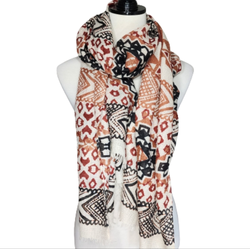 Long rectangle scarf with fringe cream burgundy burnt orange black